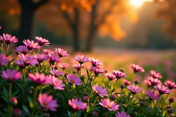 Obraz premium Velvet-smooth asters against rust-colored bark, landscape, autumn