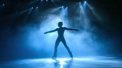 A silhouette of a figure skating on ice, illuminated by blue lighting and surrounded by mist.