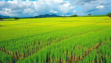 Blue cloud-covered rice fields with overflowing water and lush vegetation, overflow, green, landscape