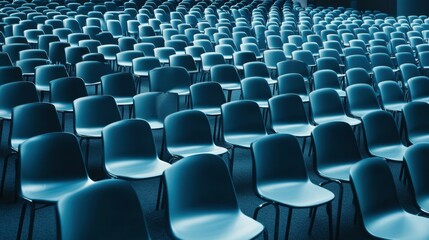 Naklejka premium A spacious conference hall with rows of empty chairs, ready for an event or presentation.