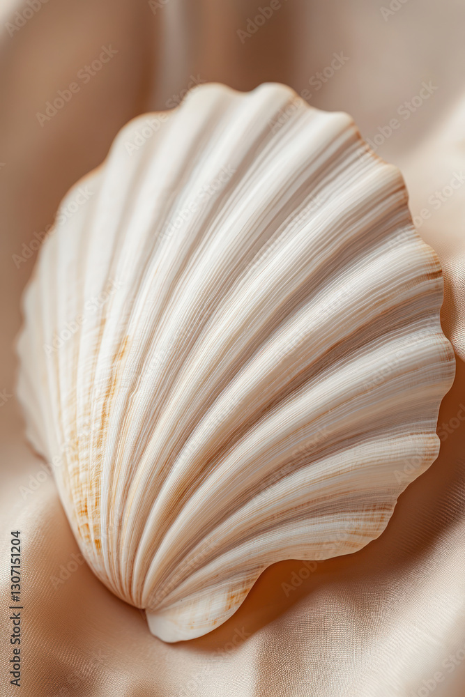 Poster beautiful seashell with intricate ridges resting on soft beige fabric, creating serene and elegant d