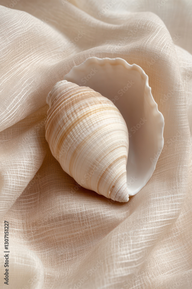 Aufkleber beautiful shell resting on soft, warm beige fabric, creating serene and calming scene. delicate text