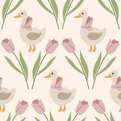 Cute, spring, cozy pattern with tulips and duck. Cute duck character with bow on his neck