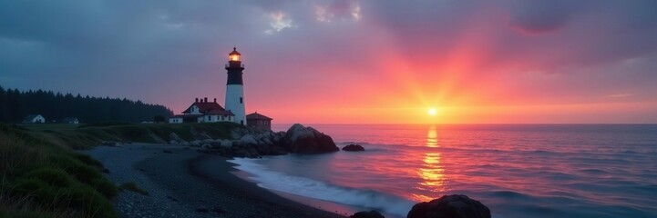 Obraz premium Misty Georgian Bay sunset at a lone lighthouse tower, seclusion, coastal scenery, serene
