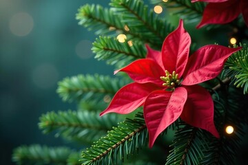 Poinsettia blooms on fir branches adorned with pine needles, winter greenery, evergreen foliage, festive atmosphere