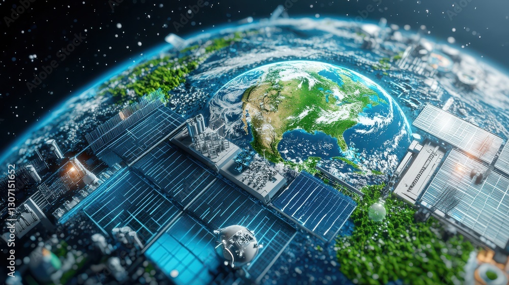 Aufkleber futuristic earth floating in space with technological and ecological infrastructure