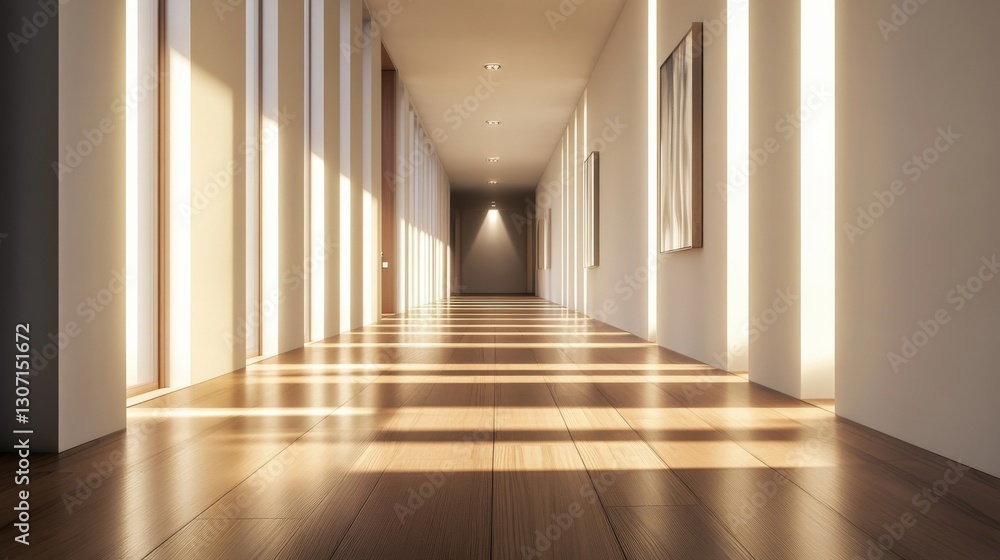 Poster the corridor showcases polished wooden flooring with a minimalist design illuminated by large window
