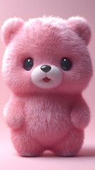 Adorable pink fluffy bear with large eyes on a soft pink background.
