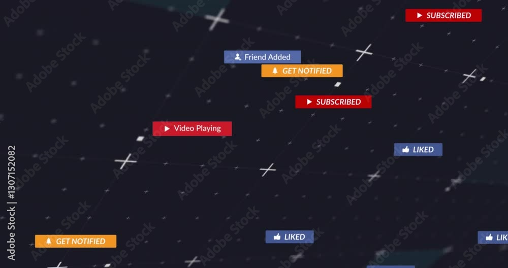 Aufkleber social media notifications and actions animation over dark grid background