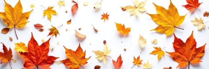 Fototapeta premium Leaf litter with fallen leaves scattered on white background, botanical, leaves, plants