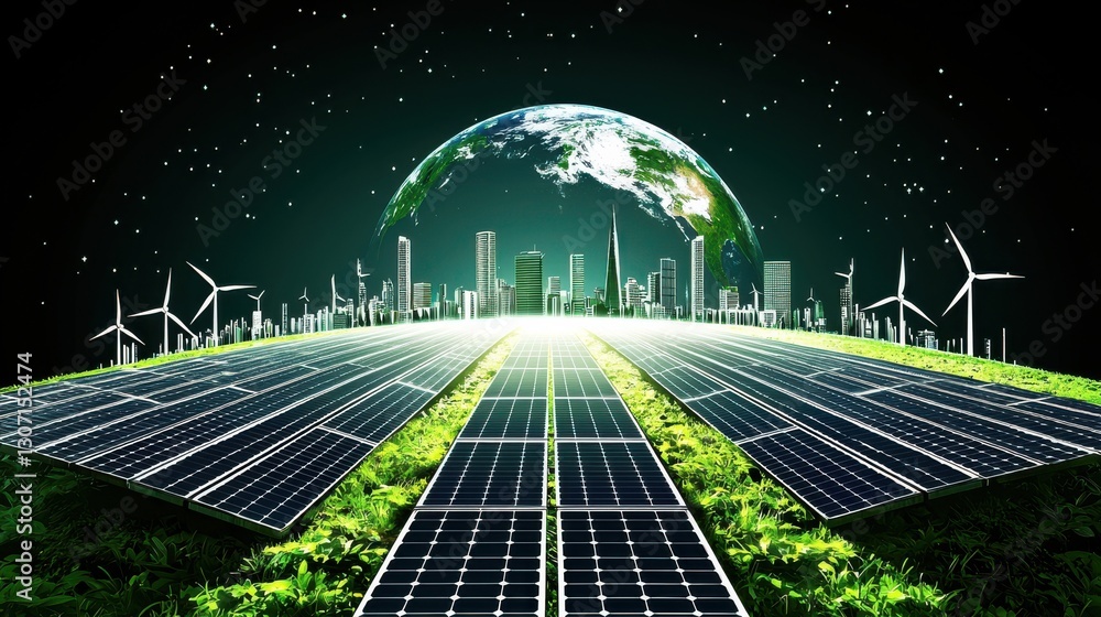 Poster futuristic planetary system with interconnected smart solar and wind grid infrastructure