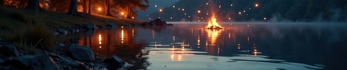 Sparkling lake water reflected in the flickering bonfire's dance, tranquil, canopy