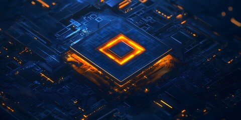 Abstract futuristic circuit board with glowing orange elements