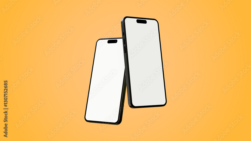 Poster two mobile phones mockup for application display or presentation. blank screen smartphone floating o