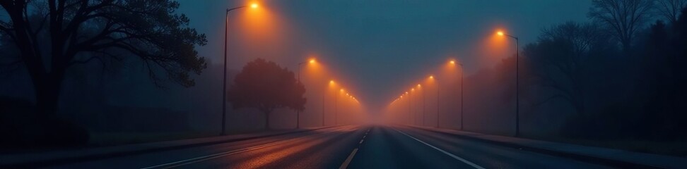 Dim streetlights cast a misty glow on the empty road, isolation, emptiness