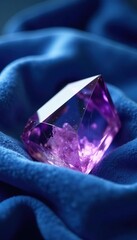 Luxurious amethyst crystal nestled in a bed of soft blue velvet, luxury, crystal