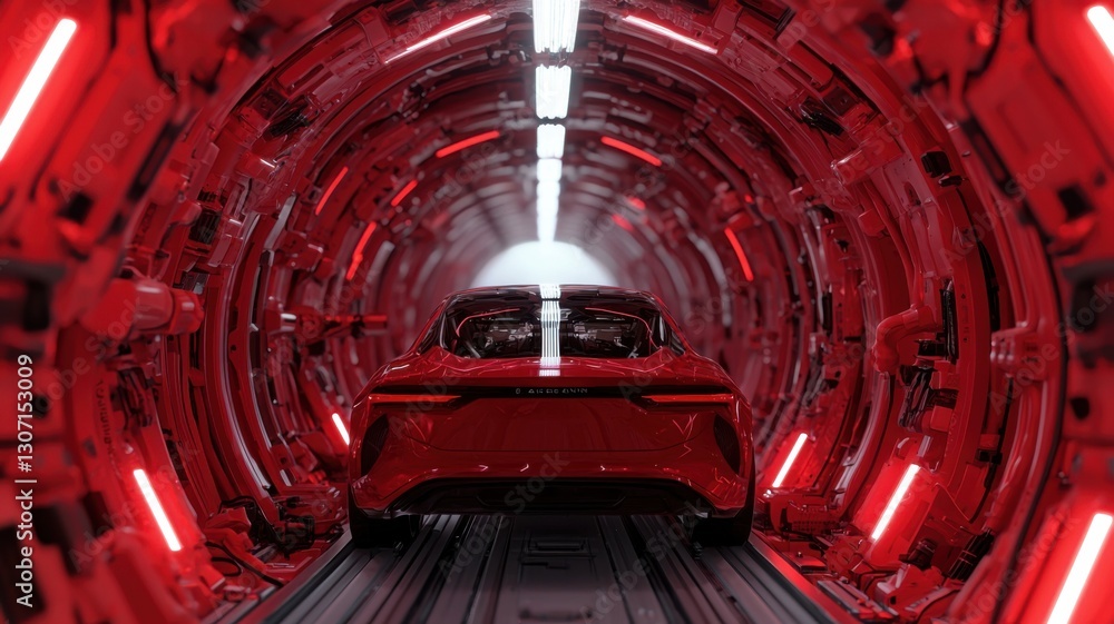 Poster a futuristic red car is positioned in a sleek tunnel illuminated by glowing red lights, creating a h