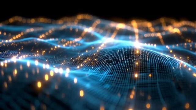Digital wave flow, dynamic network system, electronic neural connections, abstract blue tech background