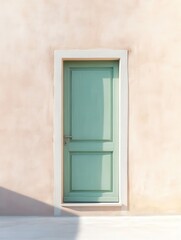 a pale green wooden door with a simple handle, surrounded by soft pastel walls, evoking calm
