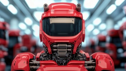 A striking red robot helmet with intricate machinery, set against a blurred industrial background, symbolizes advanced technology and robotics.