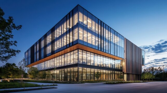 Modern office building exterior with glass windows, highlighting corporate architecture