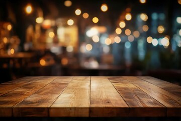Rustic Wooden Tabletop with Bokeh Lights Background in Restaurant Interior