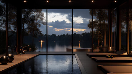 Fototapeta premium luxurious private gym with massive windows with a view of a river in a deep forest, dark colours, night sky with clouds, dimmed lights,
