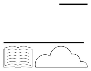 Open book paired with a cloud symbol, linked by horizontal lines. Ideal for education, knowledge, library, storytelling, cloud computing, e-learning creative writing. Flat simple metaphor