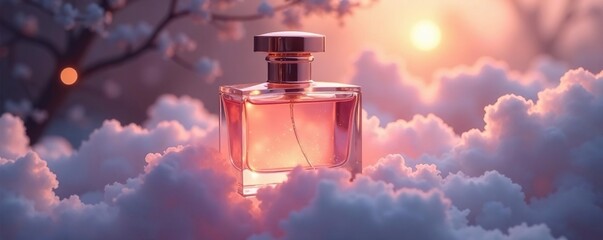 Luxurious essence container suspended in a cloud of light,, dreamy, essence