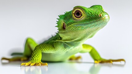 Obraz premium Vivid green lizard’s head and neck in focus; poised, eyes alert as it tilts slightly left, embodying an enigmatic gaze that captures intrigue