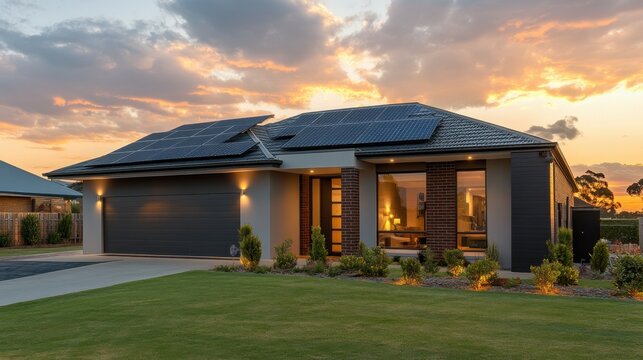 A modern suburban house at sunset with a photovoltaic solar panel system on the gable roof, reflecting the sustainable and eco-friendly design