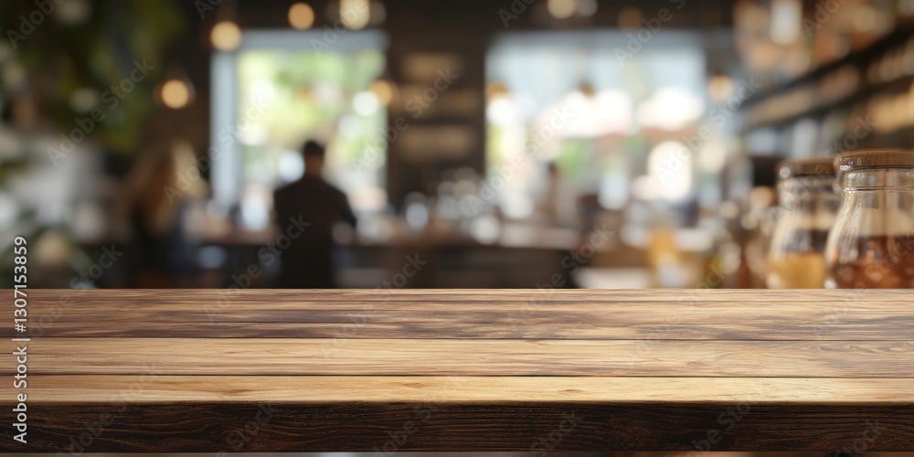 Poster rustic wooden table top in cafe with blurred background setting