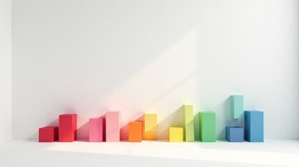 Fototapeta premium Colorful Blocks Arranged in Ascending Order Against a White Wall in a Minimalist Setting