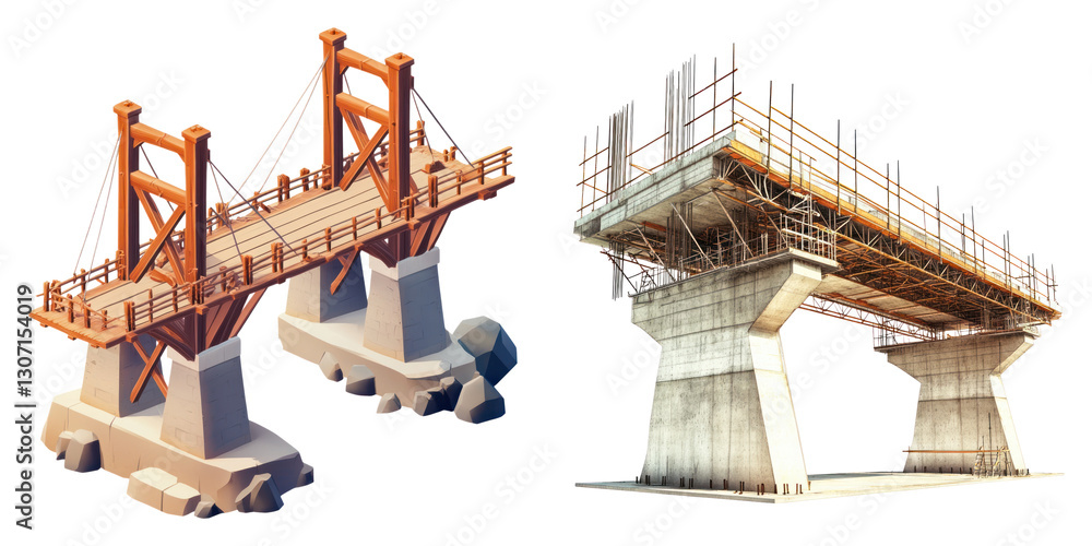 Poster bridge construction with scaffolding and support structures