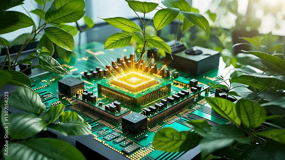 Poster glowing microchip on a circuit board surrounded by green leaves representing the fusion of technolog