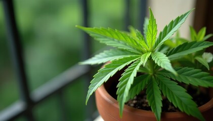 Green cannabis leaf resting on a small white flower in a wooden planter on a balcony railing, plants, cannabis
