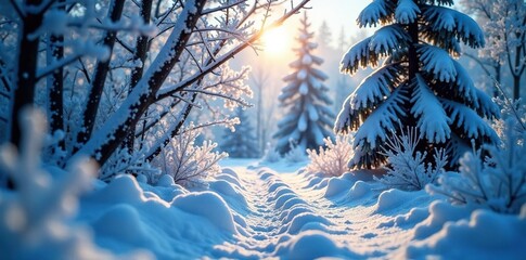Shiny blue sunrays peek through icy tree branches, frosty landscape, icy foliage, frosty scenery