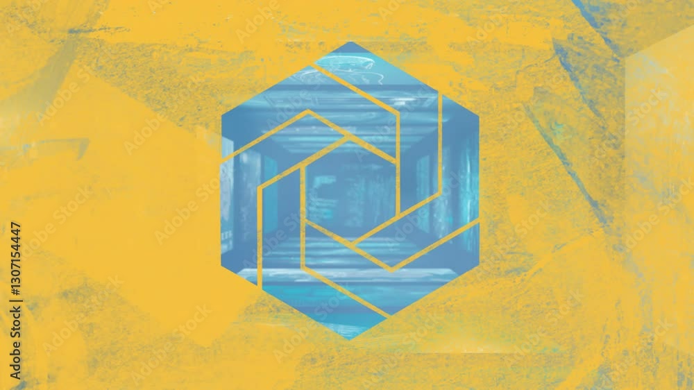 Aufkleber blue hexagon in geometric pattern over yellow textured background in animation