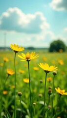 Obraz premium Tall yellow and green wildflowers swaying gently, countryside, wildflowers