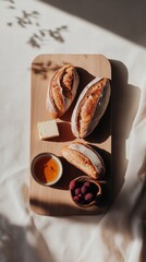 Artisanal bread on a wooden board with butter and berries, perfect for spring picnics