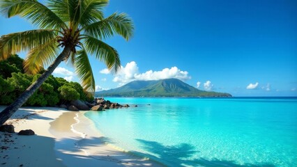 Serene Tropical Beach Paradise with Lush Palm Tree, Azure Ocean, and Picturesque Island Mountain in the Background