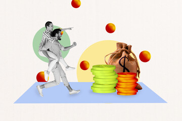 Sketch template design 3D photo collage composite of economy budget finance income man run hold...