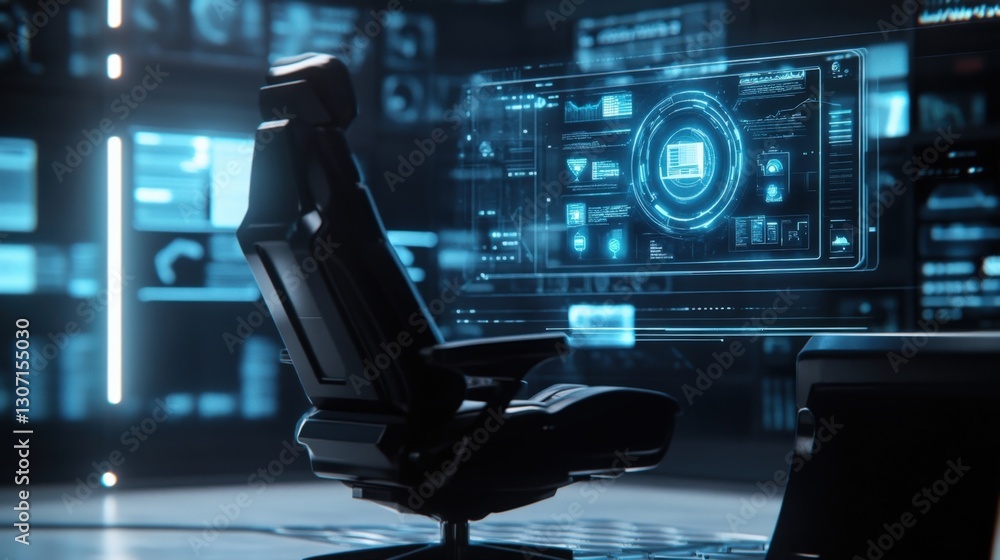 Poster the scene captures a futuristic ergonomic chair positioned in front of an invisible interface where 