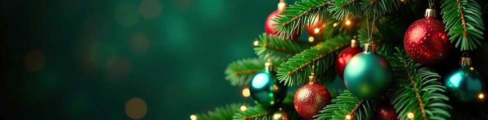 Green Christmas tree branch adorned with colorful glass balls and tinsel, festive ornaments, decorated branches,
