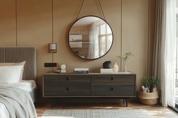 Black metal storage cabinet with drawers and shelves in a Scandinavian bedroom, paired with a grey fabric headboard bed and a hanging mirror.