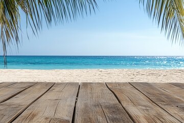 Wooden table overlooking a tropical beach paradise with palm trees