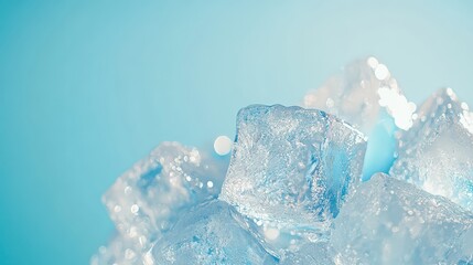 Obraz premium Close-up shot of clear, sparkling ice cubes stacked on top of each other, creating a cool, frosty effect on a solid light blue background.
