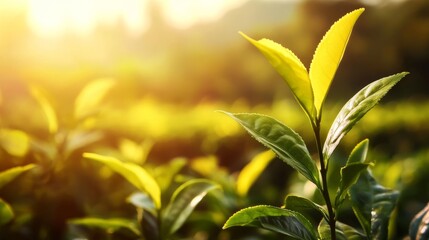 Obraz premium Fresh Tea Leaves Growing in Lush Green Tea Plantation Landscape