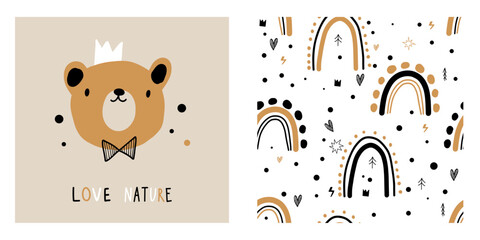 Bear simple kid nursery seamless pattern design collection. Printable poster illustration in pastel beige brown colors. 