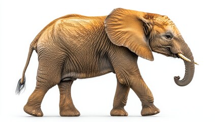 Fototapeta premium Gentle giant with soulful eyes, its majestic tusks and textured skin captured in exquisite detail. A serene 3D render showcasing an African elephant bathed in golden hues as it gazes right, exuding gr